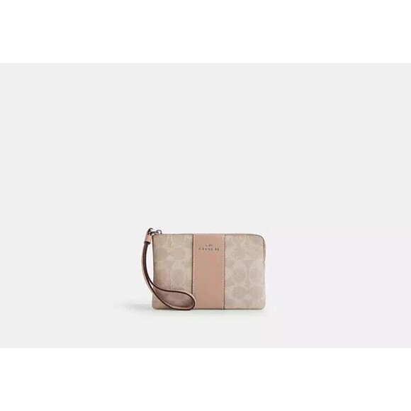 Coach Corner Zip Wristlet in Signature Canvas with Stripe Silver Sand Taupe - Picture 1 of 7